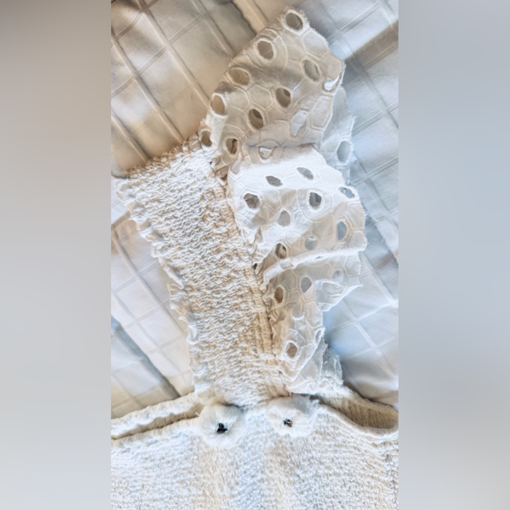 ANTHROPOLOGIE + FIGUE Madi Smocked Embroidered Eyelet Lace Maxi Dress w PomPoms - Picture 7 of 16